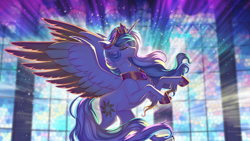 Size: 2500x1406 | Tagged: safe, artist:redchetgreen, artist:taneysha, princess celestia, alicorn, pony, g4, chest fluff, colored wings, colored wingtips, eyes closed, female, mare, multicolored wings, praise the sun, rearing, slender, solo, spread wings, stained glass, thin, thin legs, wings