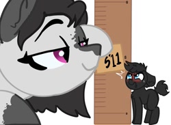 Size: 1503x1098 | Tagged: safe, artist:nootaz, oc, oc:inkenel, oc:oretha, pony, 5'11" vs 6'0", female, grumpy, larger female, macro, male, measuring, micro, size difference, smaller male, smug, yardstick