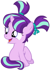 Size: 7000x9900 | Tagged: safe, artist:tardifice, starlight glimmer, pony, unicorn, g4, the crystalling, absurd resolution, blue eyes, cute, female, filly, filly starlight glimmer, foal, full body, glimmerbetes, horn, looking back, multicolored mane, multicolored tail, open mouth, open smile, pigtails, simple background, sitting, smiling, solo, tail, transparent background, vector, younger