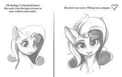 Size: 2726x1708 | Tagged: safe, artist:alcor, rarity, pony, unicorn, g4, cheek fluff, coronavirus, covid-19, darling, female, heart, looking at you, mare, monochrome, simple background, sketch, talking to viewer, text, white background