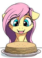 Size: 1390x1913 | Tagged: safe, artist:alcor, fluttershy, pegasus, pony, g4, cheek fluff, cute, eye clipping through hair, eyebrows, eyebrows visible through hair, female, floppy ears, food, mare, open mouth, open smile, pancakes, pink mane, shyabetes, simple background, sketch, smiling, solo, transparent background