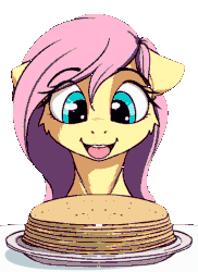 Size: 1390x1913 | Tagged: safe, artist:alcor, fluttershy, pegasus, pony, g4, animated, cheek fluff, cute, eye clipping through hair, eye shimmer, eyebrows, eyebrows visible through hair, female, floppy ears, food, gif, loop, mare, open mouth, open smile, pancakes, pink mane, shyabetes, simple background, sketch, smiling, solo, transparent background