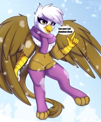 Size: 1698x2063 | Tagged: safe, artist:shadowreindeer, gilda, griffon, anthro, g4, belly button, chest fluff, clothes, eyelashes, female, flying, implied rainbow dash, leggings, looking at someone, scarf, snow, socks, solo, stockings, talking, thigh highs, toeless socks, wings
