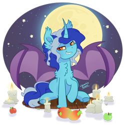Size: 2200x2200 | Tagged: safe, artist:liquorice_sweet, oc, oc only, oc:rain bright, bat pony, pony, apple, candle, chest fluff, food, halloween, high res, holiday, male, mango, moon, night, simple background, solo, stars, transparent background