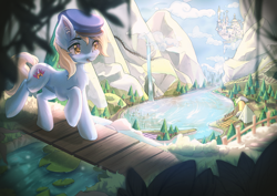 Size: 4093x2894 | Tagged: safe, artist:hikerumin, oc, oc only, earth pony, pony, bridge, canterlot, chest fluff, commission, fence, lake, lilypad, mountain, river, scenery, solo, stream, water, waterfall