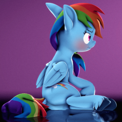 Size: 2037x2036 | Tagged: safe, artist:psfmer, rainbow dash, pegasus, pony, 3d, angry, blushing, butt, cute, dashabetes, dock, female, frown, glare, high res, looking away, madorable, mare, plot, purple background, rainbutt dash, simple background, sitting, solo, source filmmaker, tail, tsunderainbow, tsundere, unshorn fetlocks, wings