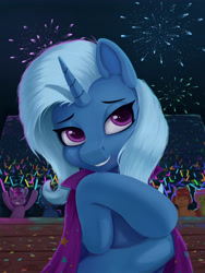 Size: 3543x4724 | Tagged: safe, artist:lin feng, trixie, oc, pony, unicorn, g4, absurd resolution, crowd, fireworks, night, smiling, solo focus, stage