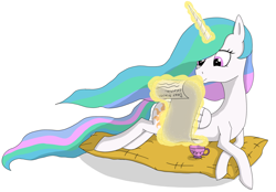 Size: 2592x1803 | Tagged: safe, artist:enteryourponyname, princess celestia, alicorn, pony, g4, cup, letter, magic, magic aura, pillow, reading, simple background, solo, teacup, white background