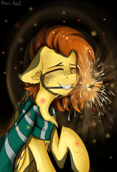 Size: 1535x2255 | Tagged: safe, artist:yuris, oc, oc only, oc:yuris, pegasus, pony, abstract background, chest fluff, clothes, cute, floppy ears, folded wings, harry potter (series), pegasus oc, scarf, slytherin, smiling, solo, sparkler (firework), wings