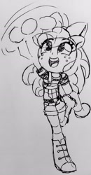 Size: 1342x2571 | Tagged: safe, artist:shadowhawx, apple bloom, equestria girls, g4, adorabloom, boots, bow, clothes, cowboy boots, cute, hair bow, monochrome, overalls, pigeon toed, shoes, smiling, solo, traditional art, waving