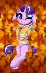 Size: 2580x4100 | Tagged: safe, alternate character, alternate version, artist:confetticakez, starlight glimmer, oc, oc:sunlight bolt, pony, unicorn, g4, autumn, autumn leaves, clothes, commission, cute, floppy ears, glimmbolt, glimmerbetes, hoodie, leaf, leaves, oc cutie mark, one eye closed, solo, wink, ych result