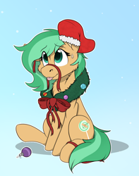 Size: 1744x2208 | Tagged: safe, alternate character, alternate version, artist:rokosmith26, oc, oc only, oc:minty pop, earth pony, pony, bow, cheek fluff, chest fluff, christmas, christmas stocking, christmas wreath, commission, earth pony oc, female, floppy ears, gradient background, holiday, looking up, mare, one ear down, raised hoof, ribbon, simple background, sitting, smiling, solo, sweat, sweatdrop, tail, tongue out, wreath, ych result