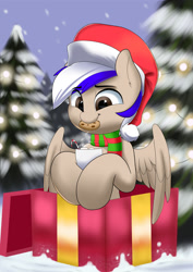 Size: 1280x1807 | Tagged: safe, artist:joaothejohn, oc, oc only, pegasus, pony, chocolate, christmas, clothes, commission, cookie, cute, food, forest, holiday, hot chocolate, pegasus oc, present, scarf, smiling, snow, solo, tree, wings, your character here