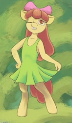 Size: 601x1023 | Tagged: safe, artist:escapist, apple bloom, earth pony, anthro, unguligrade anthro, g4, clothes, dress, female, filly, green dress, solo