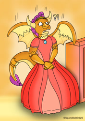 Size: 1024x1449 | Tagged: safe, artist:sparkbolt3020, part of a set, smolder, dragon, g4, box, clothes, dress, exclamation point, inanimate tf, interrobang, jewelry, open mouth, plastic, question mark, shrinking, solo, tiara, transformation, transformation sequence