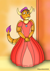 Size: 1024x1449 | Tagged: safe, artist:sparkbolt3020, part of a set, smolder, dragon, g4, box, clothes, commission, doll, dollified, dress, exclamation point, inanimate tf, shrinking, solo, transformation, transformation sequence