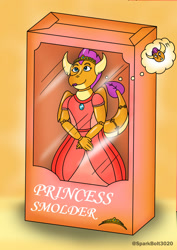 Size: 1024x1449 | Tagged: safe, artist:sparkbolt3020, part of a set, smolder, dragon, g4, box, clothes, confusion, dress, exclamation point, inanimate tf, interrobang, princess smolder, question mark, solo, thought bubble, toy, transformation, transformation sequence