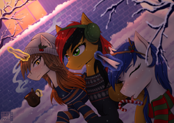 Size: 4961x3508 | Tagged: safe, artist:alicetriestodraw, oc, oc only, oc:mysza, oc:paintbrush, oc:rily, pegasus, pony, unicorn, candy, candy cane, christmas, christmas sweater, clothes, ear warmers, earmuffs, female, food, freckles, friends, happy, holiday, holly, horn, mulled wine, pegasus oc, scarf, snow, snowfall, striped scarf, sweater, tongue out, tree branch, trio, trio female, unicorn oc, walking, winter
