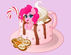 Size: 3333x2580 | Tagged: safe, artist:rand-dums, part of a set, pinkie pie, earth pony, pony, g4, candy, candy cane, chocolate, cup of pony, cute, diapinkes, female, food, happy, high res, hot chocolate, mare, marshmallow, micro, mug, open mouth, open smile, smiling, solo, whipped cream
