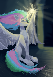 Size: 2800x4096 | Tagged: safe, artist:thelordgemm, princess celestia, alicorn, pony, g4, eyes closed, female, glowing, glowing horn, horn, solo, spread wings, windswept hair, wings