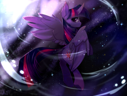 Size: 1253x949 | Tagged: safe, artist:xalexdfx, twilight sparkle, alicorn, pony, g4, curved horn, female, horn, looking back, solo, spread wings, twilight sparkle (alicorn), wings