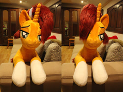 Size: 1728x1296 | Tagged: safe, artist:ponimalion, stellar flare, pony, unicorn, g4, female, irl, life size, mare, photo, pillow, plushie, solo