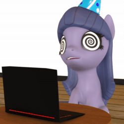 Size: 1080x1080 | Tagged: safe, artist:the luna fan, oc, oc only, oc:cosmia nebula, earth pony, pony, 3d, animated, blender, computer, earth pony oc, hat, hypno eyes, hypnosis, hypnotized, no sound, open mouth, party hat, solo, table, webm, wooden floor