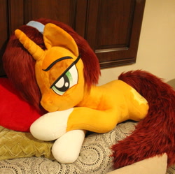 Size: 853x850 | Tagged: safe, artist:ponimalion, stellar flare, pony, unicorn, g4, female, irl, life size, mare, milf, photo, pillow, plushie, solo