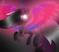Size: 1566x1376 | Tagged: safe, artist:yanderecomet, oc, oc only, alicorn, pony, alicorn oc, female, flying, glowing, glowing eyes, glowing horn, horn, red and black oc, solo, spread wings, wings