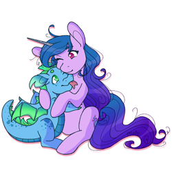 Size: 1600x1600 | Tagged: safe, artist:petaltheartist, izzy moonbow, oc, dragon, pony, g5, my little pony: a new generation, dragon oc, duo, female, hug, male, one eye closed, simple background, tongue out, white background