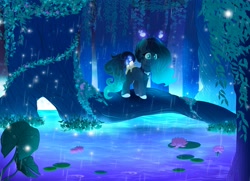 Size: 3251x2357 | Tagged: safe, artist:rand-dums, oc, oc only, original species, pony, scented pony, candle, choker, female, flower, forest, gradient mane, high res, lilypad, pond, rain, solo, tree, water, waterlily