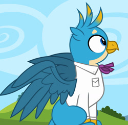 Size: 1280x1256 | Tagged: safe, artist:chainchomp2 edits, artist:disneymarvel96, artist:estories, edit, vector edit, gallus, griffon, g4, bowtie, bush, clothes, cloud, day, grass, male, outdoors, ribbon bow tie, shirt, sitting, sky, smiling, solo, spread wings, vector, wings