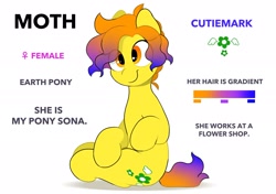 Size: 2064x1457 | Tagged: safe, artist:mochi_nation, oc, oc only, oc:moth, earth pony, pony, cute, female, looking at you, mare, ocbetes, ponysona, reference sheet, simple background, sitting, smiling, smiling at you, solo, white background