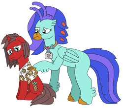 Size: 2605x2300 | Tagged: safe, artist:supahdonarudo, oc, oc only, oc:ironyoshi, oc:sea lilly, classical hippogriff, hippogriff, pony, unicorn, camera, clothes, comforting, high res, hoof on shoulder, jewelry, necklace, sad, shirt, simple background, transparent background