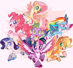 Size: 1024x957 | Tagged: safe, artist:wanderingpegasus, applejack, fluttershy, pinkie pie, rainbow dash, rarity, spike, twilight sparkle, alicorn, earth pony, pegasus, pony, unicorn, g4, applejack's hat, chest fluff, cowboy hat, female, freckles, hat, male, mane seven, mane six, mare, markings, redesign, twilight sparkle (alicorn), unshorn fetlocks