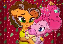 Size: 3048x2160 | Tagged: safe, artist:auroracursed, cheese sandwich, li'l cheese, pinkie pie, earth pony, pony, g4, the last problem, baby, baby pony, candy, candy in hair, colt, cute, family, female, foal, food, high res, li'l cheesebetes, male, mare, older, older cheese sandwich, older cheesepie, older pinkie pie, ship:cheesepie, shipping, simple background, stallion, straight