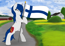 Size: 2046x1447 | Tagged: safe, artist:syntiset, oc, oc only, earth pony, pony, bipedal, detailed background, female, finland, flag, independence day, looking at you, mare, nation ponies, one eye closed, ponified, ponified flag, smiling, smiling at you, solo, wink, winking at you