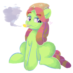 Size: 1024x1024 | Tagged: artist needed, source needed, safe, tree hugger, earth pony, pony, g4, drug use, drugs, eyebrows, eyebrows visible through hair, high, lidded eyes, purple eyes, red mane, simple background, sitting, smoke, smoking, solo, stoned, white background