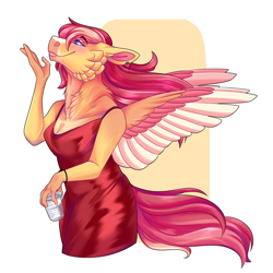Size: 1500x1500 | Tagged: safe, artist:uunicornicc, oc, oc only, oc:strawberry sunrise, pegasus, anthro, clothes, colored wings, dress, female, offspring, parent:flash sentry, parent:sunset shimmer, parents:flashimmer, solo, two toned wings, wings