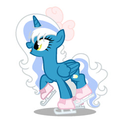 Size: 1024x1024 | Tagged: safe, artist:riofluttershy, oc, oc only, oc:fleurbelle, alicorn, pony, adorabelle, alicorn oc, bow, cute, female, hair bow, horn, ice skating, mare, ocbetes, simple background, solo, white background, wingding eyes, wings, yellow eyes