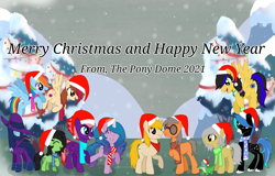 Size: 2970x1902 | Tagged: safe, anonymous artist, derpibooru exclusive, gummy, izzy moonbow, mare do well, rainbow dash, oc, oc:astral brilliance, oc:filly anon, oc:peppermint swirl, earth pony, pegasus, pony, unicorn, g4, g5, my little pony: a new generation, christmas, clothes, female, filly, hat, holiday, ponified, ponydome, santa hat, scarf, snow, text, the man they call ghost, true capitalist radio, winter