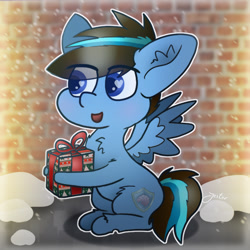 Size: 814x815 | Tagged: safe, artist:jesterpi, oc, oc:iceberg skystriker, pegasus, pony, chibi, christmas, holiday, present, sitting, smiling, snow, solo, wall, wings, winter