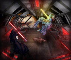 Size: 3601x3043 | Tagged: safe, artist:jesterpi, oc, oc:iceberg skystriker, pegasus, pony, unicorn, battlefield, darth nihilus, fight, high res, jedi, jumping, light, lightsaber, planet, sith, space, space station, standing, star wars, steps, weapon