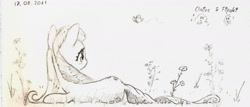 Size: 2048x873 | Tagged: safe, artist:fipoki, fluttershy, pony, g4, female, looking away, lying down, mare, on side, solo, traditional art, wingless