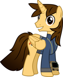 Size: 4000x4920 | Tagged: safe, artist:php170, oc, oc only, oc:ej, alicorn, pony, fallout equestria, absurd resolution, clothes, fallout, horn, jumpsuit, looking at you, male, pipboy, ponytail, simple background, smiling, smiling at you, solo, stallion, tail, transparent background, vault suit, vector, wings