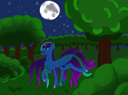 Size: 3288x2447 | Tagged: safe, artist:lefi32, oc, oc only, oc:blue pure, alicorn, pony, bangs, blue eyes, blue fur, broken horn, bush, fern, forest, grass, green hair, high res, horn, moon, night, purple hair, smiling, solo, tree, wings