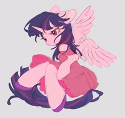 Size: 2305x2176 | Tagged: safe, artist:leafywind, twilight sparkle, alicorn, semi-anthro, g4, arm hooves, bare shoulders, clothes, cute, dress, floppy ears, gray background, high res, hoof shoes, shoes, simple background, solo, spread wings, twiabetes, twilight sparkle (alicorn), wings
