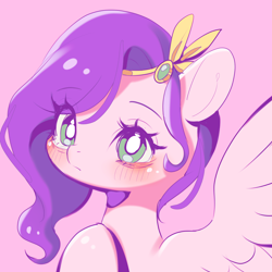 Size: 2500x2500 | Tagged: safe, artist:leafywind, pipp petals, pegasus, pony, g5, my little pony: a new generation, adorapipp, blushing, bust, cute, female, high res, mare, pink background, portrait, simple background, solo, spread wings, wings