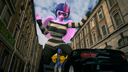 Size: 2560x1440 | Tagged: safe, artist:arcanetesla, flash sentry, twilight sparkle, alicorn, pegasus, anthro, g4, 3d, breasts, female, giant anthro, giantess, macro, male, ship:flashlight, shipping, size difference, smaller male, source filmmaker, straight