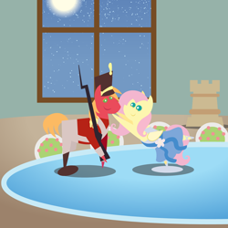 Size: 2160x2160 | Tagged: safe, anonymous artist, big macintosh, fluttershy, earth pony, pegasus, pony, series:fm holidays, series:hearth's warming advent calendar 2021, g4, advent calendar, ballerina, chess piece, christmas, clothes, dress, duo, female, gun, hat, high res, holiday, lineless, looking at each other, looking at someone, male, mare, micro, missing limb, pointy ponies, raised hoof, rifle, ship:fluttermac, shipping, smiling, smiling at each other, stallion, standing, standing on one leg, straight, the steadfast tin soldier, uniform, weapon